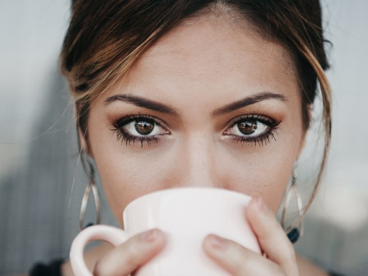 Woman Drinking White Coffee Cup