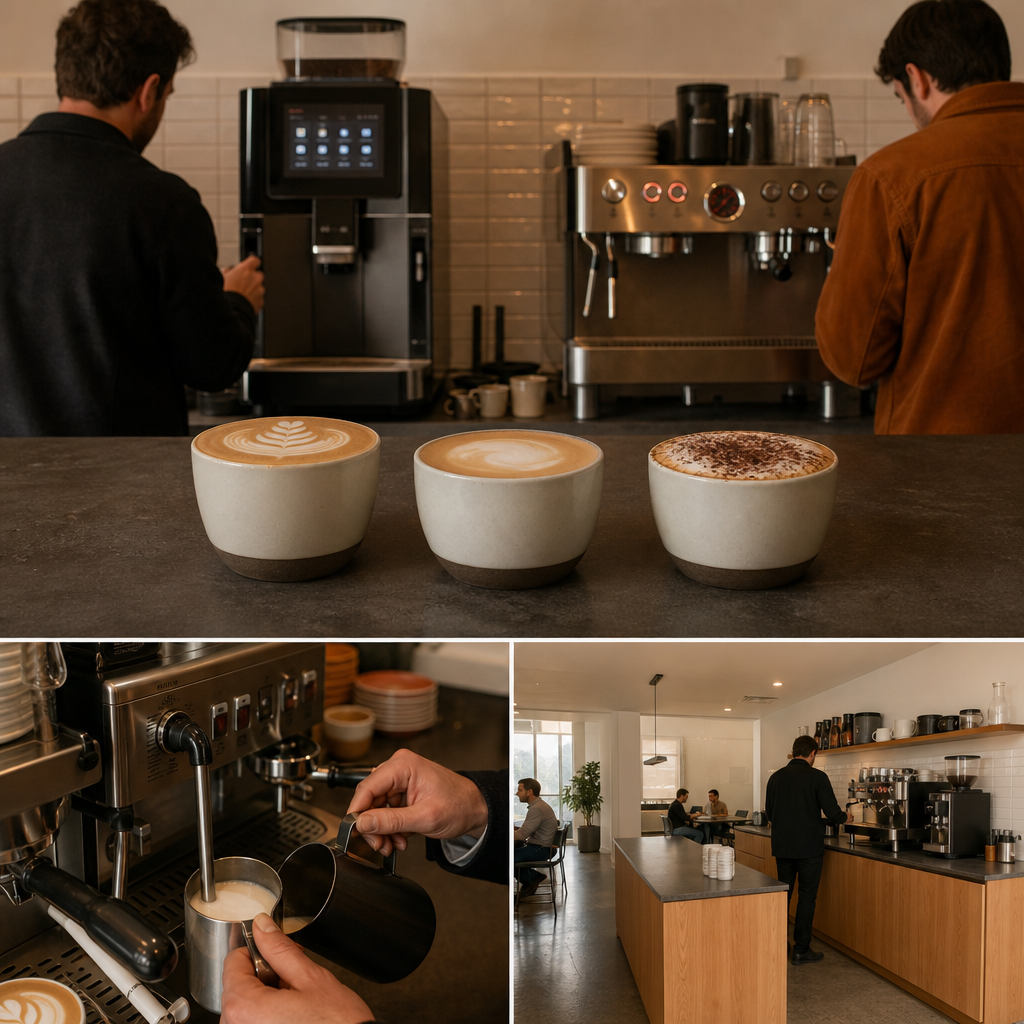 Popular milk coffees beside commercial machine types