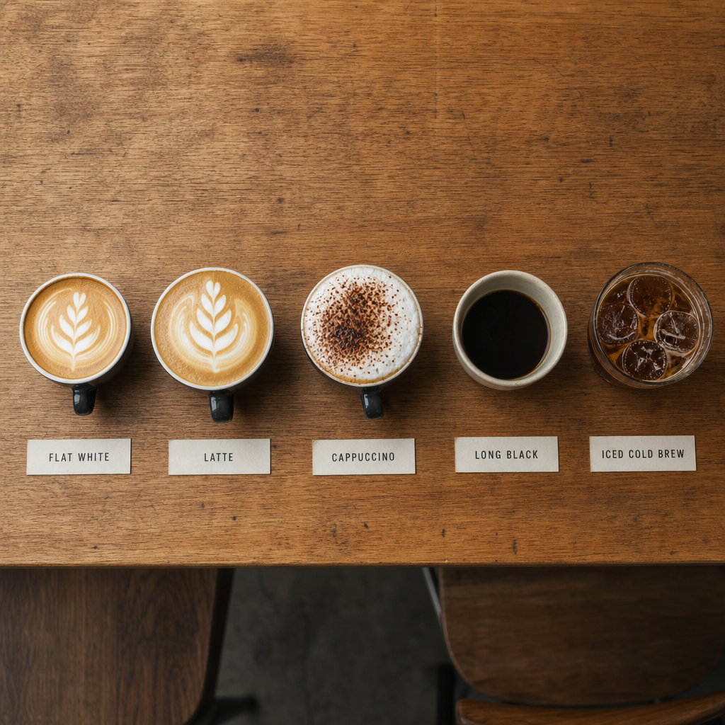 Five Australian cafe coffee formats in a row: flat white, latte, cappuccino, long black, and cold brew
