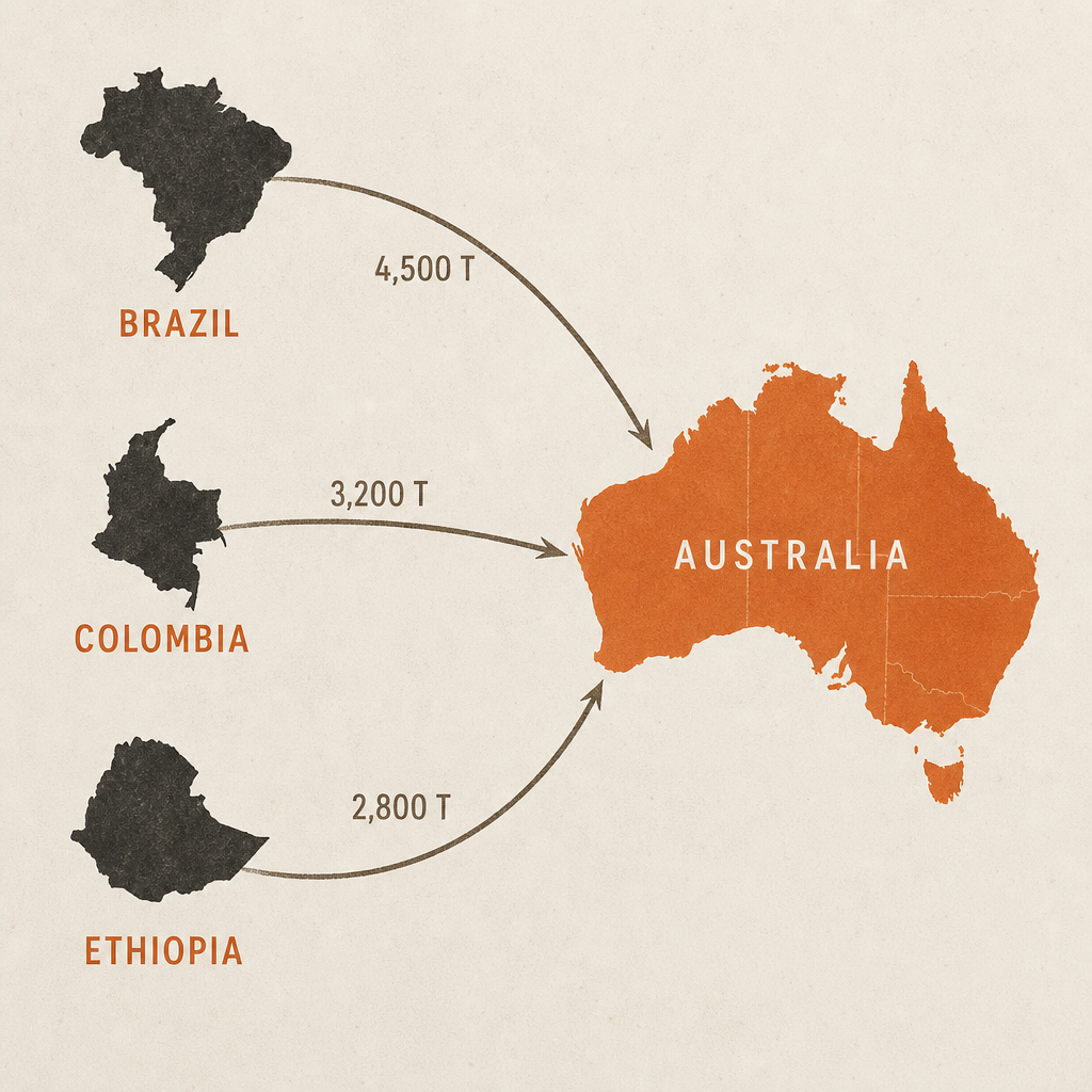 Diagram showing green coffee import flows from Brazil, Colombia, and Ethiopia into Australia with volume annotations