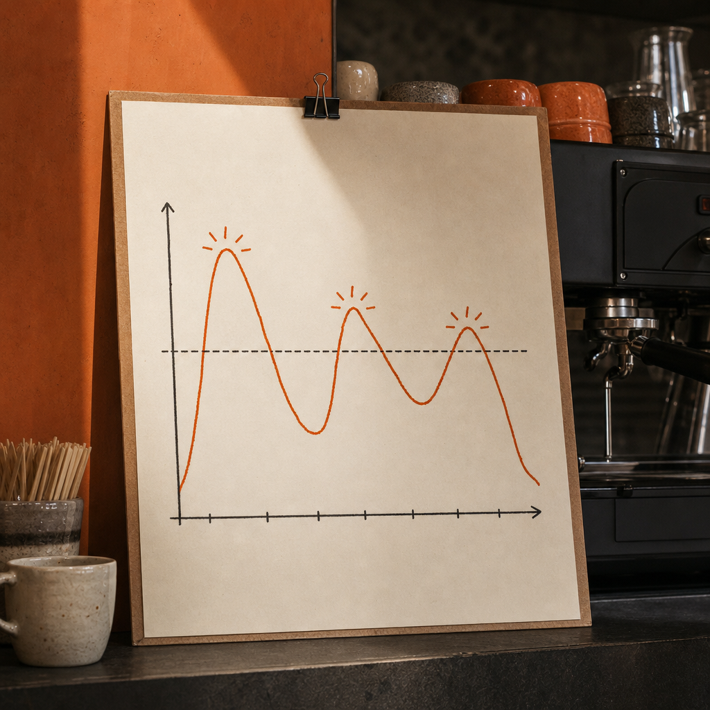 Line chart of office coffee demand across a workday with three peaks, the morning peak rising above machine capacity