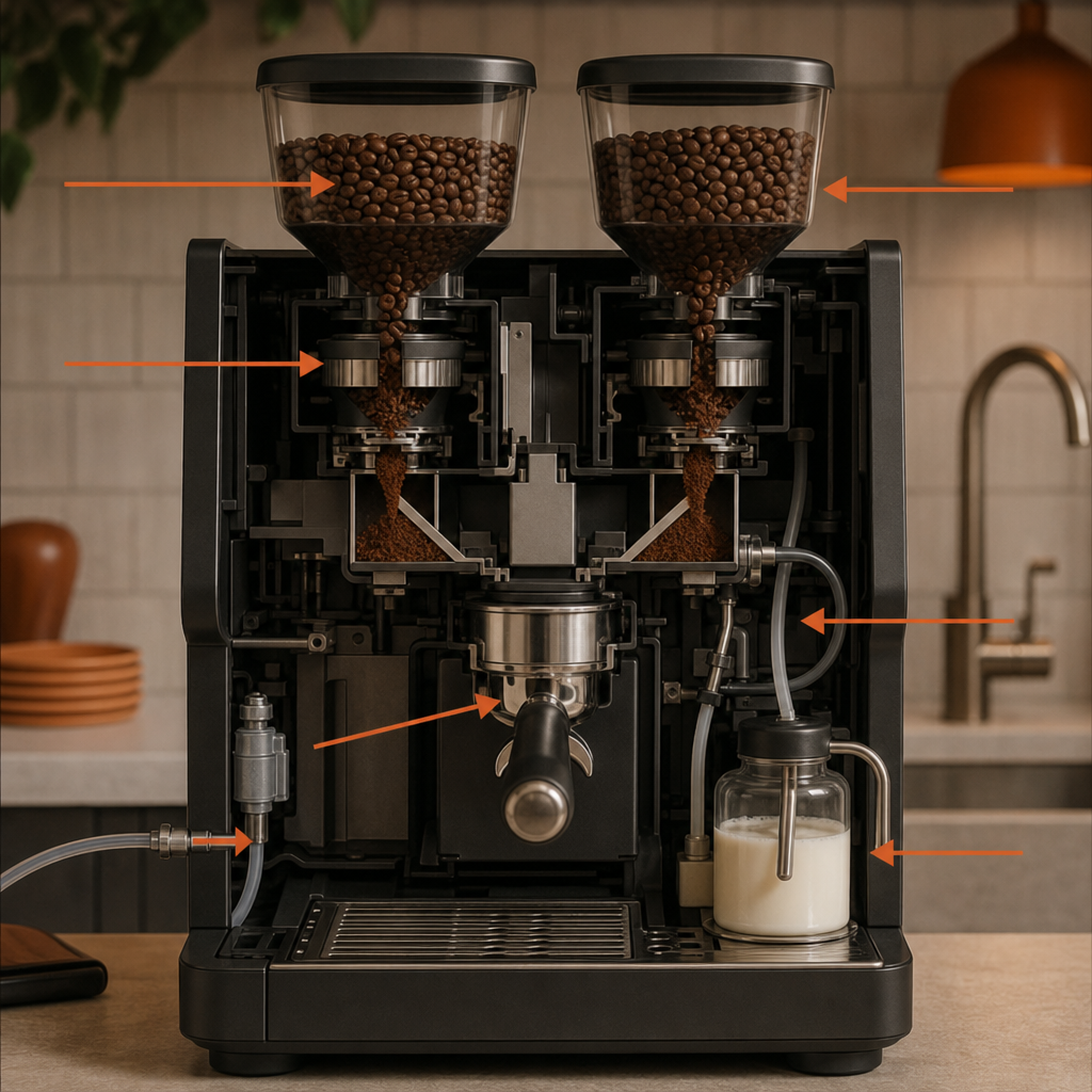 Labelled cutaway diagram of a dual-hopper coffee machine showing grinders, brew group, water line and milk system