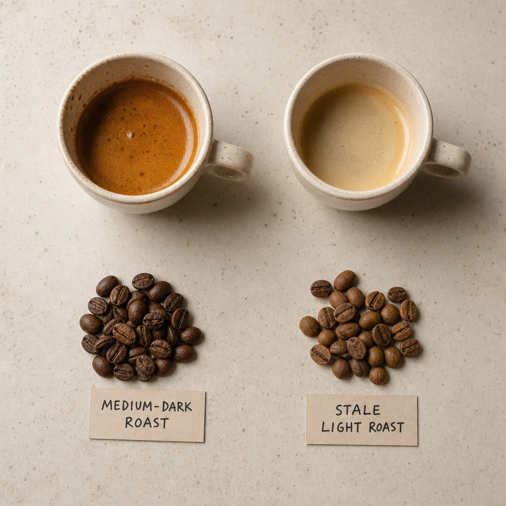 Two espresso cups side by side showing crema difference between well-matched and mismatched coffee beans