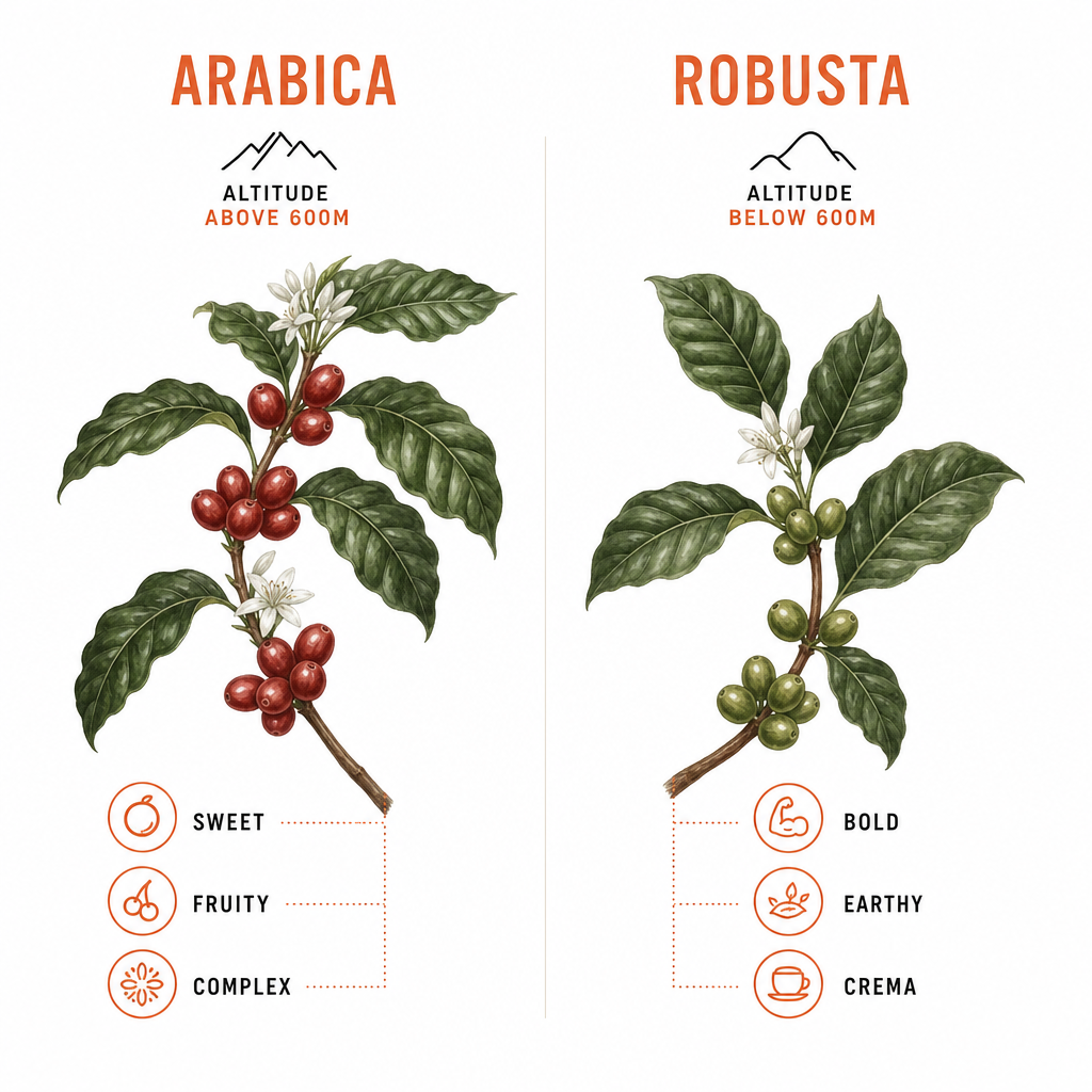 Split diagram comparing Arabica and Robusta coffee plants with altitude and flavour characteristic labels