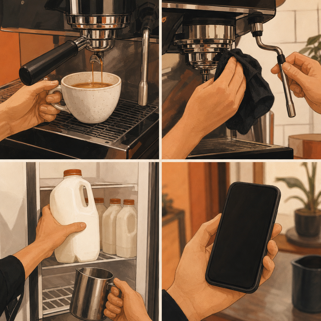 Four-panel diagram of coffee machine handover topics