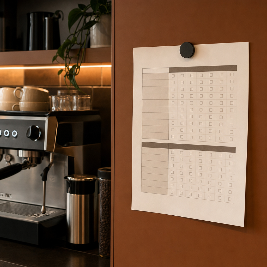 Cleaning checklist on cupboard beside an office coffee machine