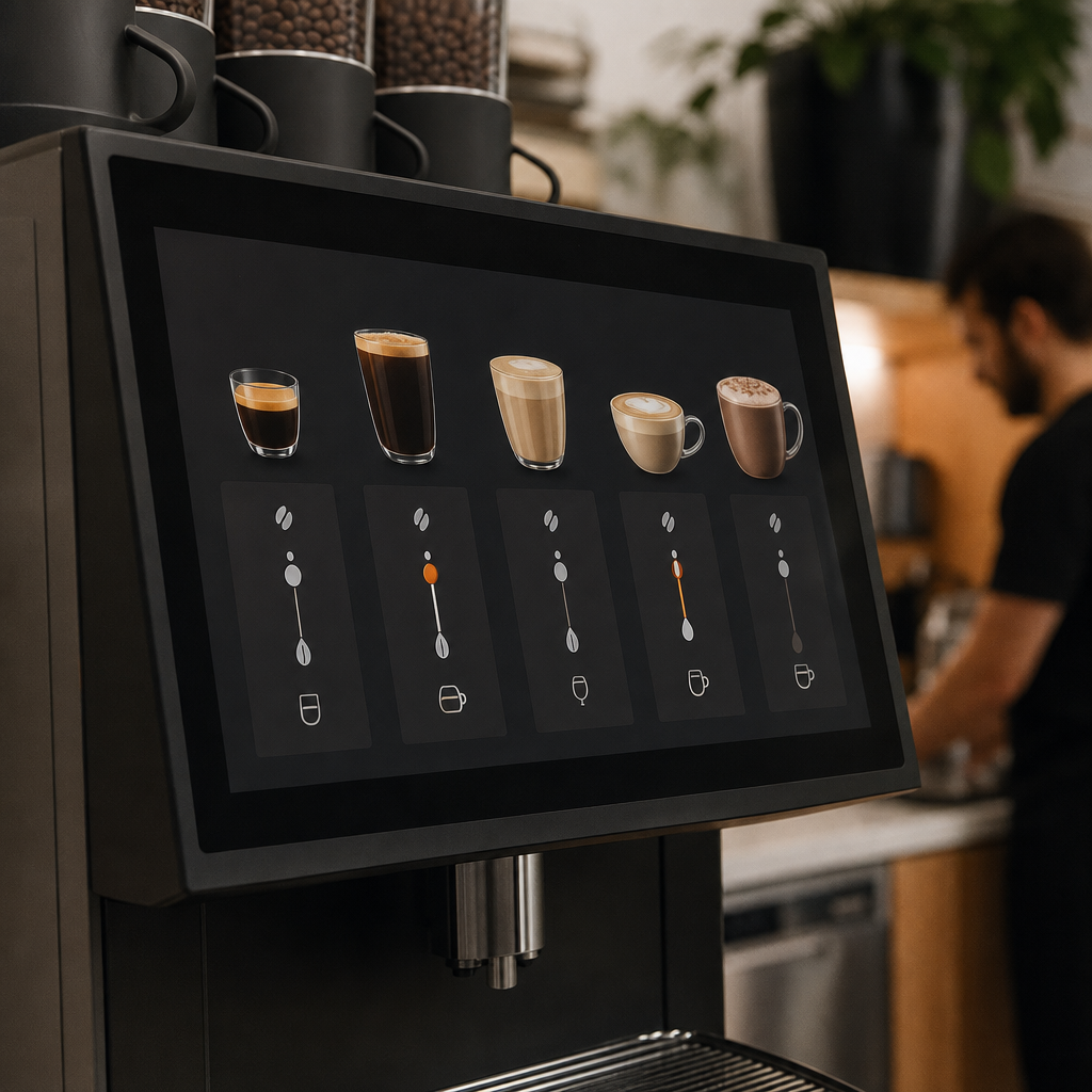 Office coffee machine menu with drink customisation controls