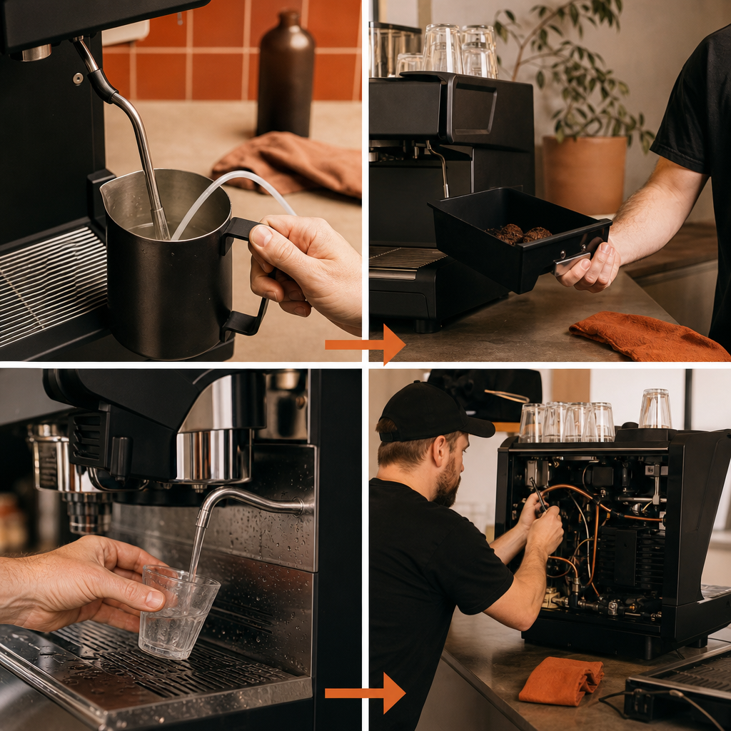 Commercial coffee machine cleaning and maintenance sequence