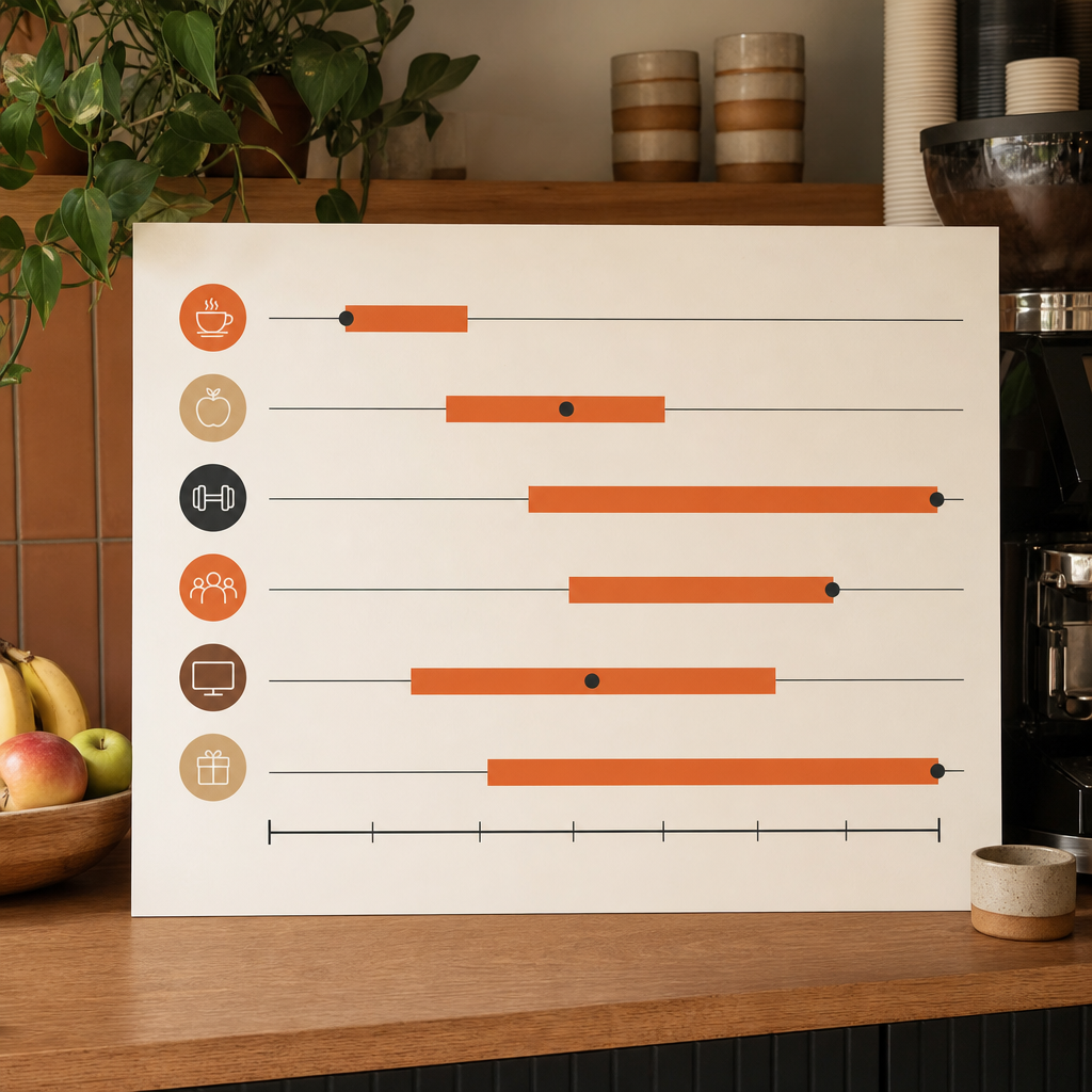 Bar chart comparing daily cost per employee and usage frequency of coffee, fruit, gym, lunch, apps and bonus perks