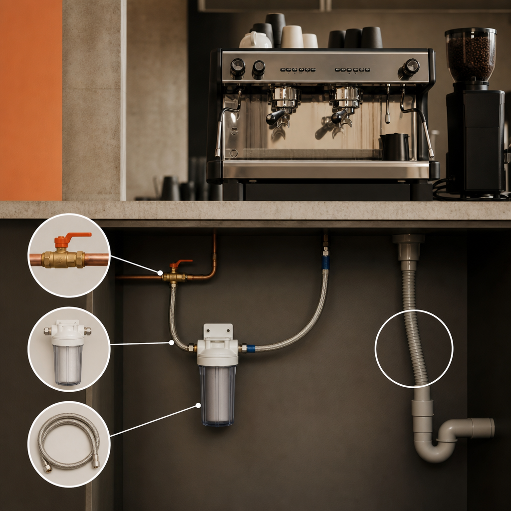 Coffee machine water supply and drainage connections