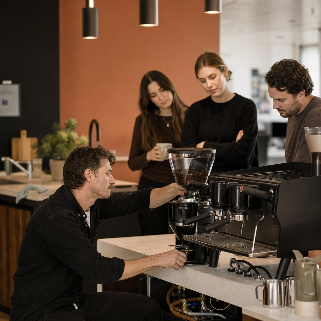 Technician commissioning an office coffee machine