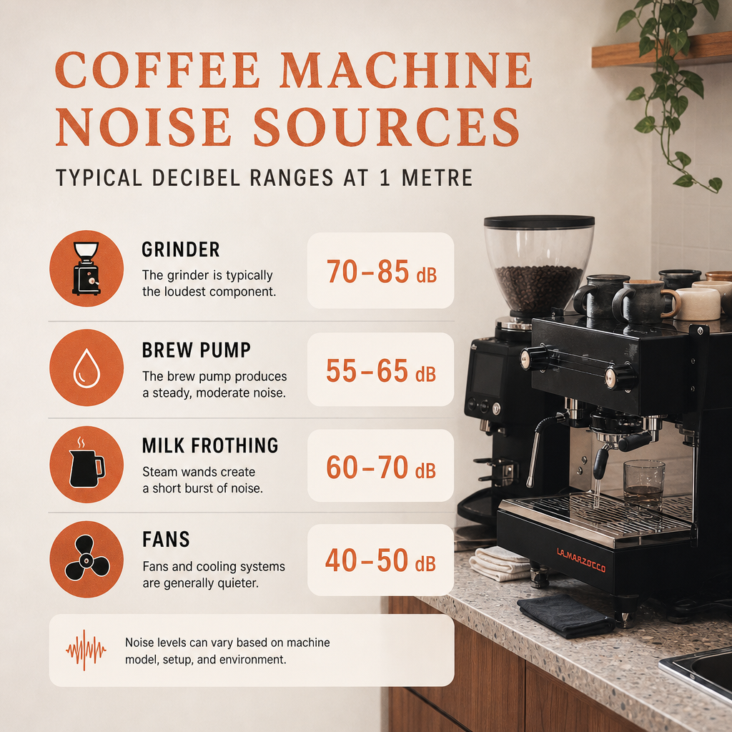 Diagram of coffee machine parts with typical decibel levels