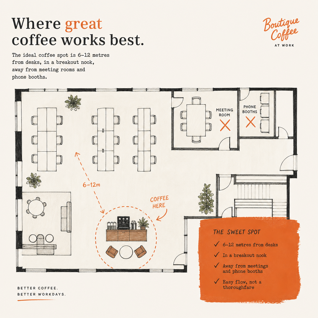 Office floor plan highlighting ideal coffee machine placement zones