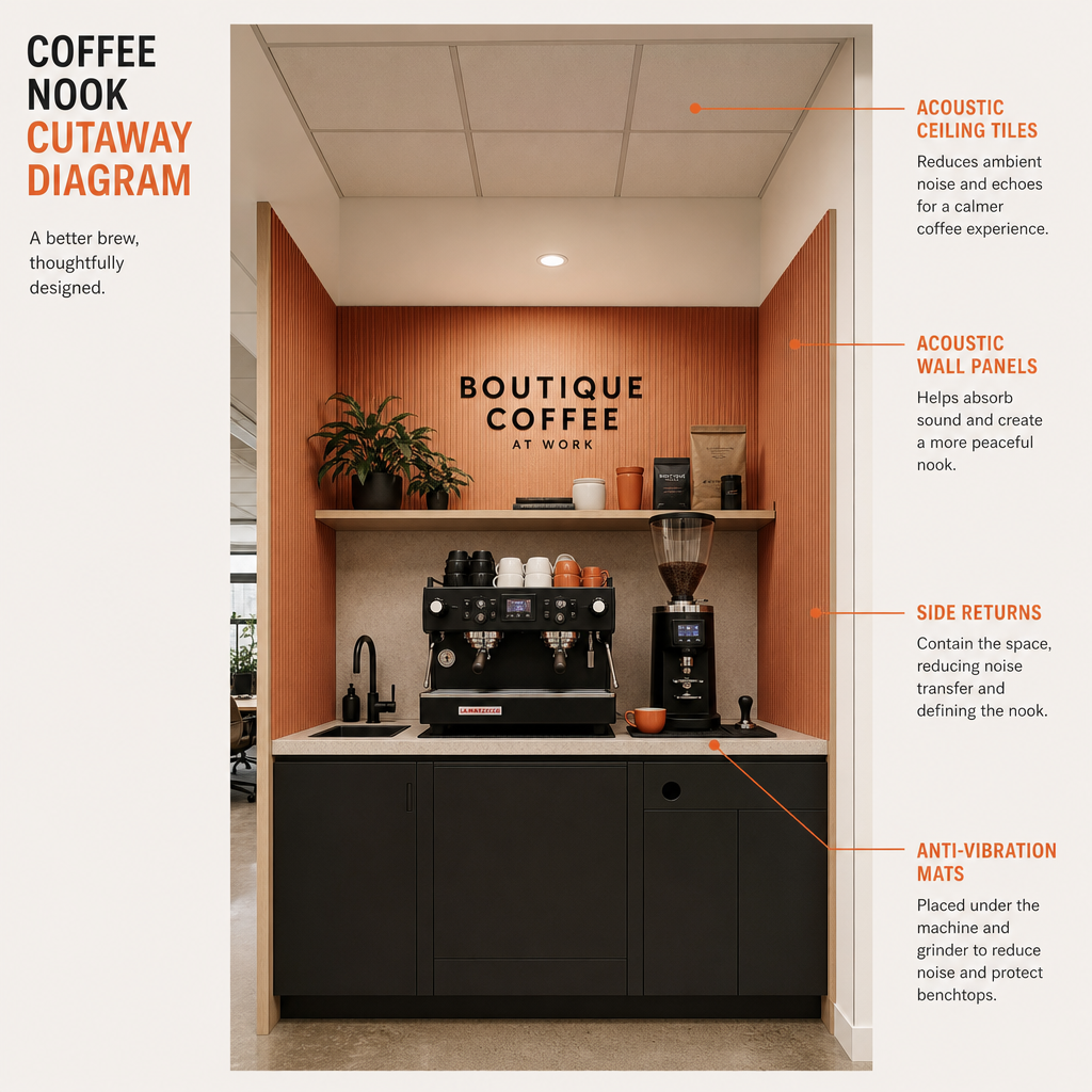 Cutaway of coffee nook with acoustic treatments and anti-vibration mounts
