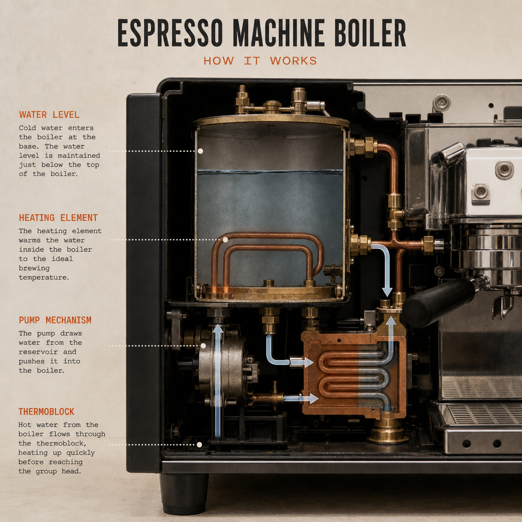 Cutaway diagram of an espresso machine boiler showing the heating element and water pump