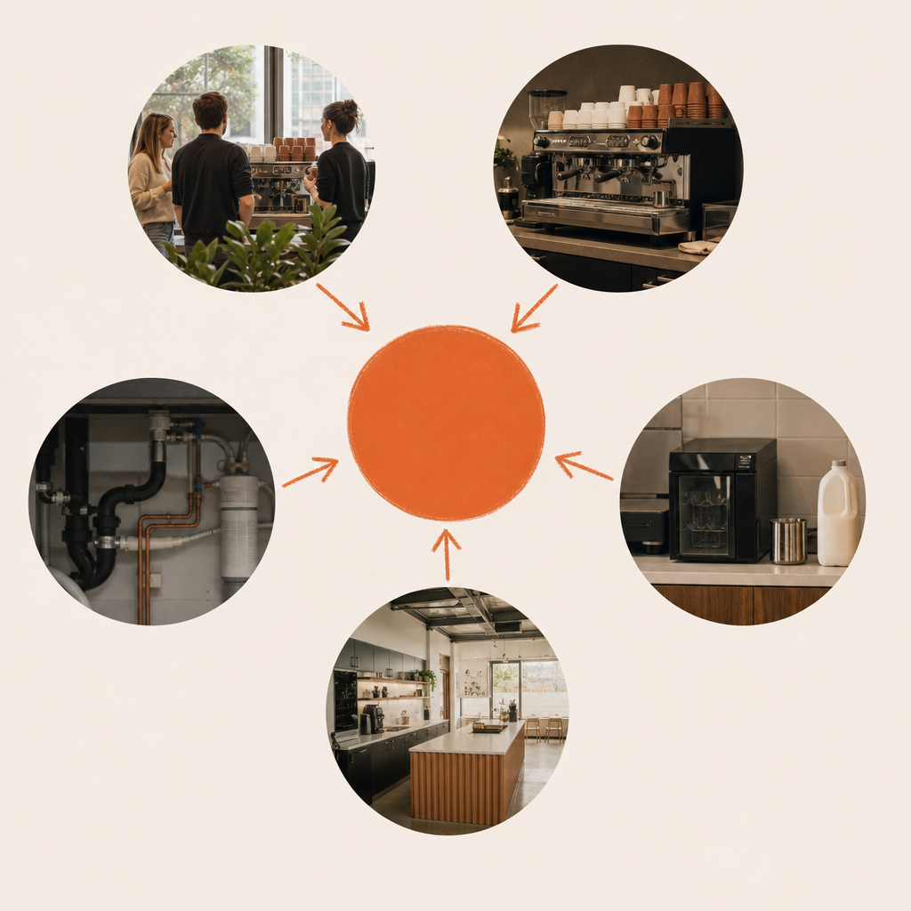 Diagram of five factors that set office coffee machine rental pricing