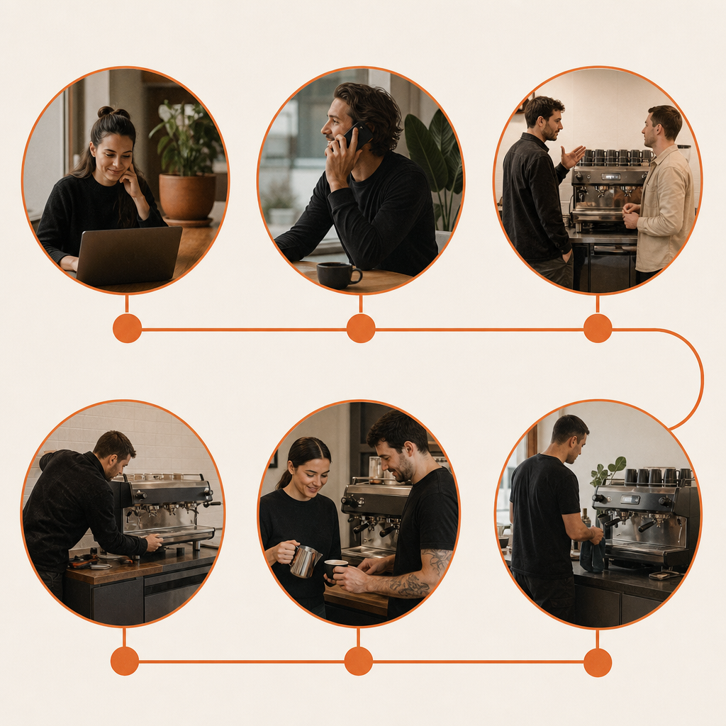 Six-step diagram of the office coffee machine rental process
