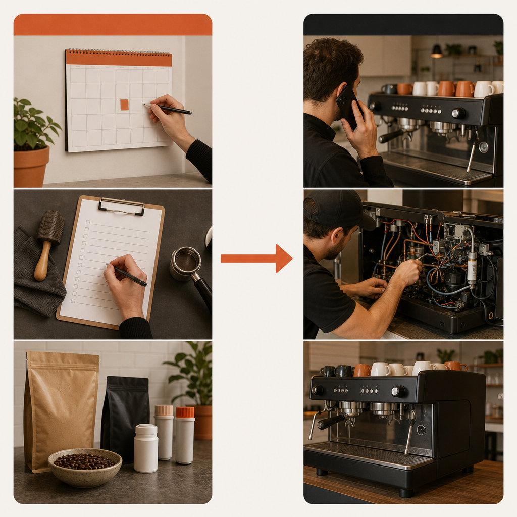 Diagram comparing scheduled coffee machine maintenance with breakdown support steps