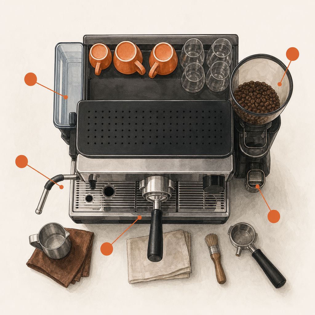 Labelled coffee machine showing steam wand, drip tray, bean hopper and grinder care points