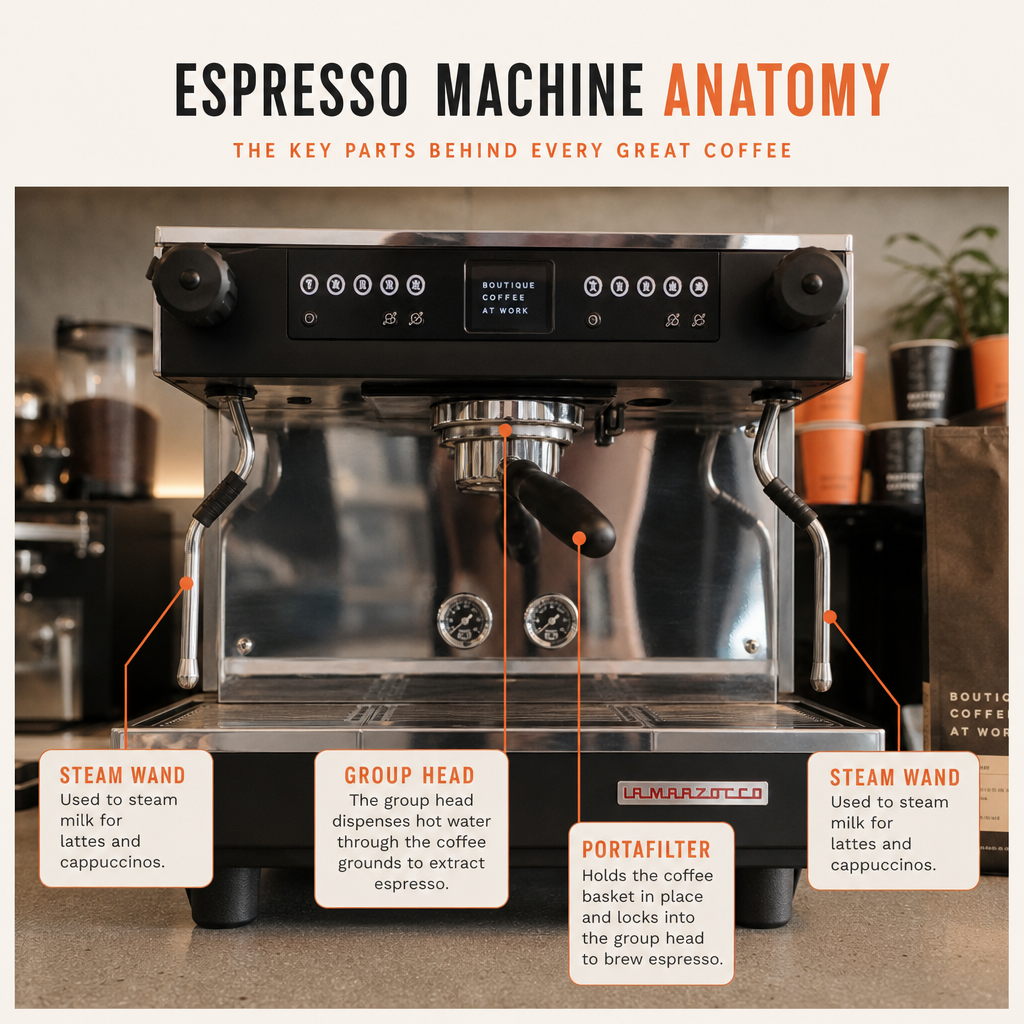 Labelled diagram of an espresso machine showing the group head, portafilter, and steam wand components.