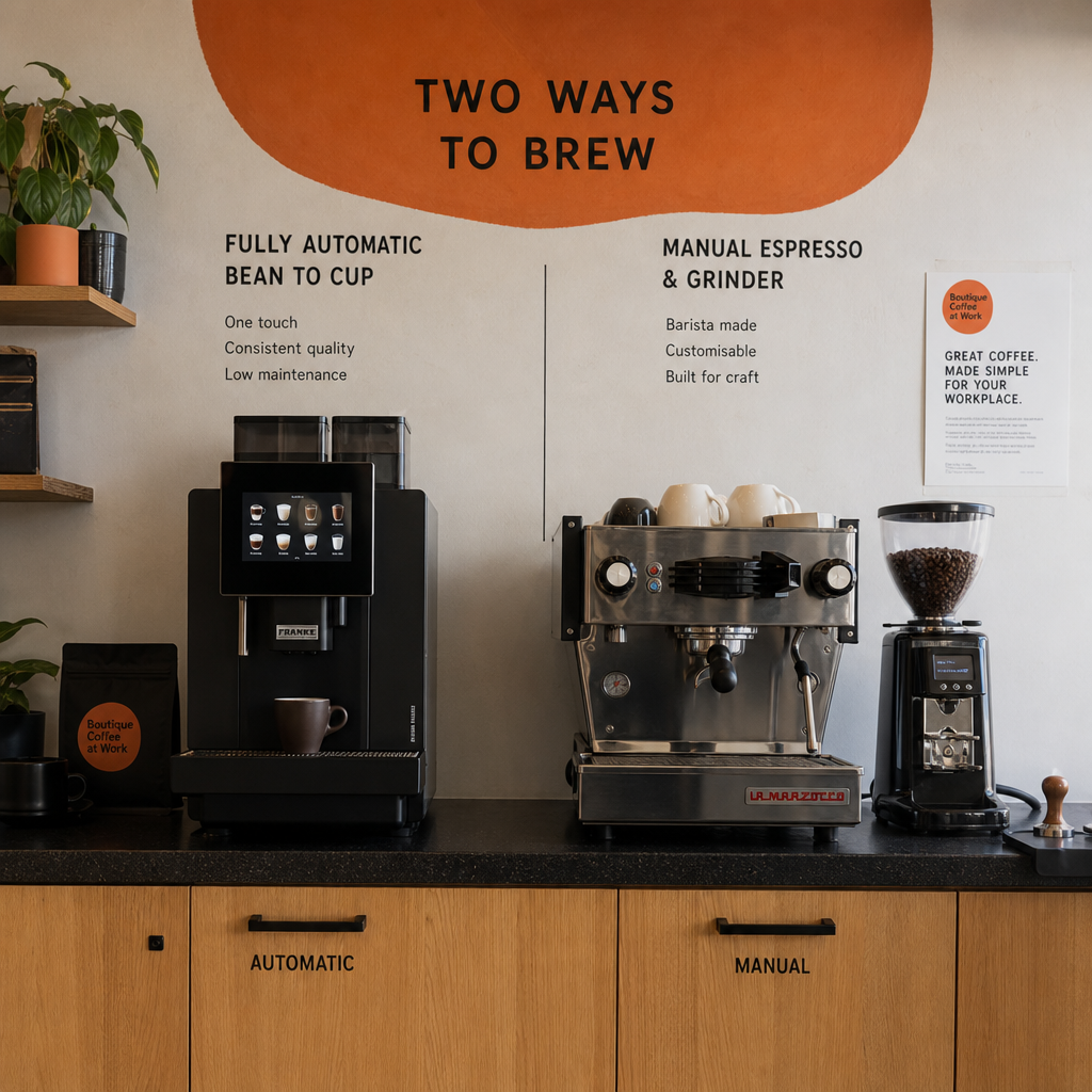 Side-by-side comparison of a fully automatic coffee machine and a traditional manual espresso setup.