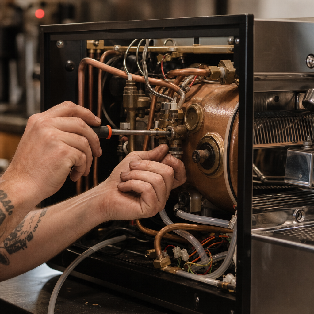 Technician performing maintenance on a commercial coffee machine boiler.
