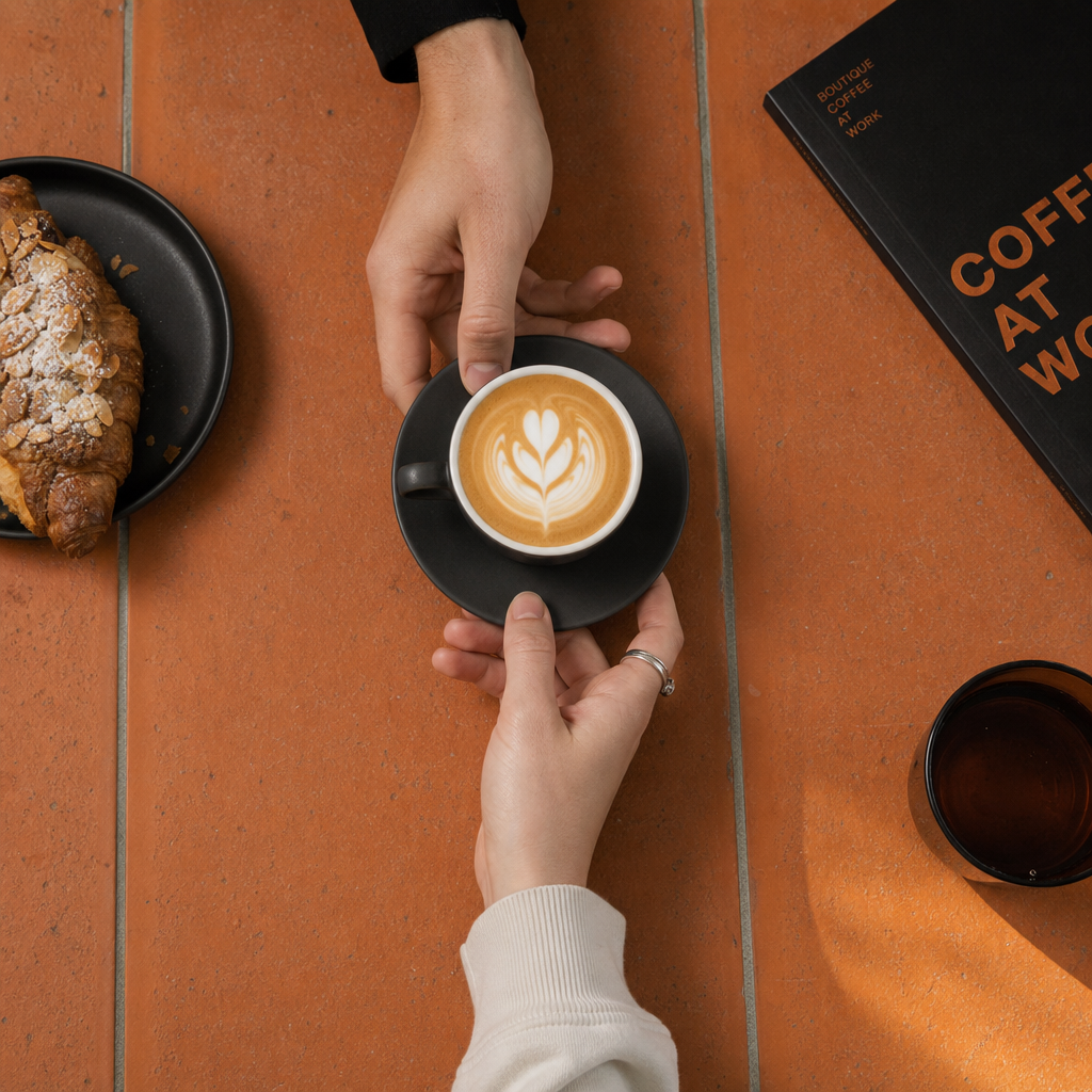 Hands exchanging a cup of coffee across a desk.