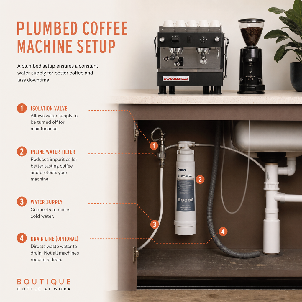 Diagram of a plumbed coffee machine with water line, filter, and drain