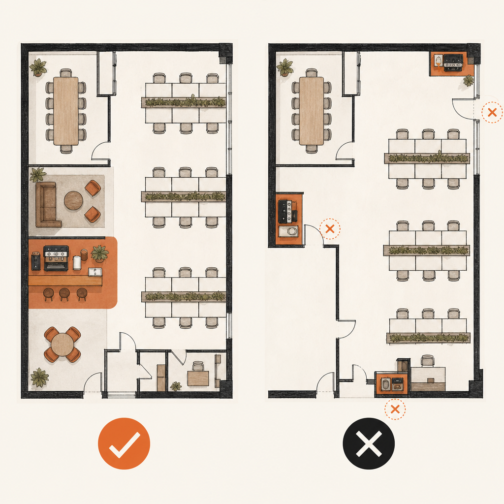 Office floor plan comparing suitable and unsuitable coffee station locations