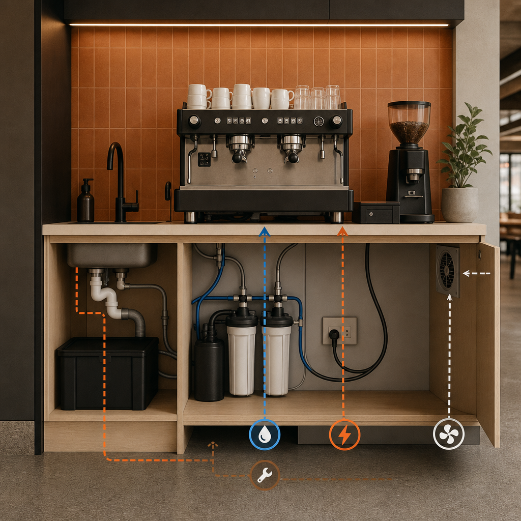 Coffee station diagram showing power, water, drainage and service access