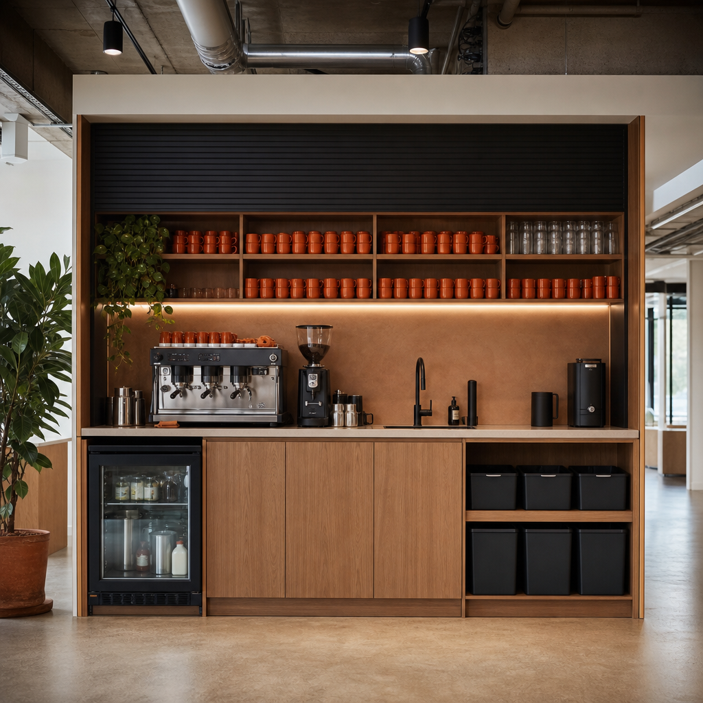 Integrated office coffee bar with storage, refrigeration and waste zones