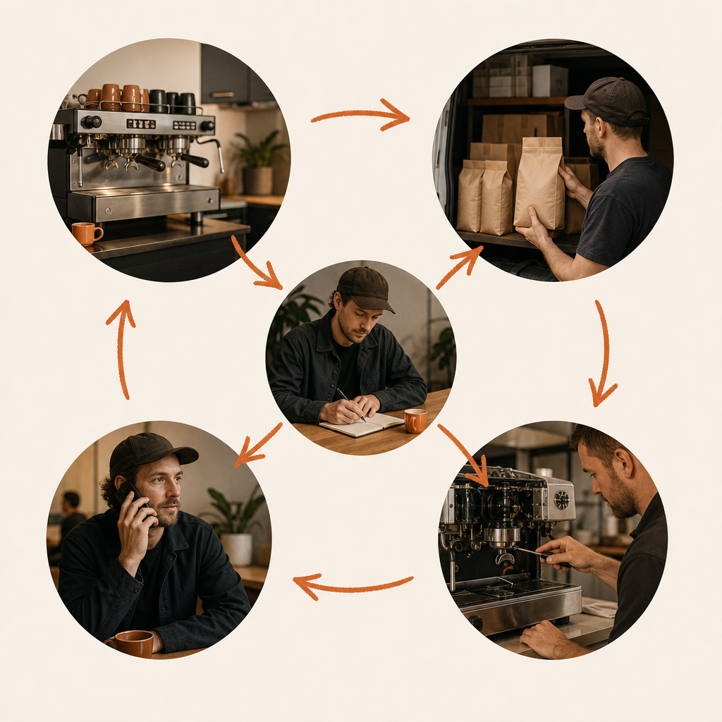Managed office coffee service connecting equipment, beans and maintenance