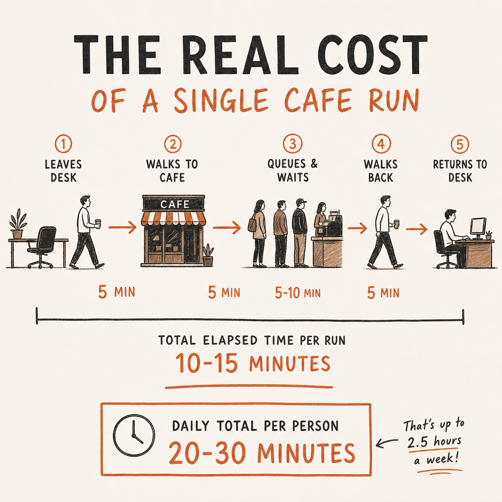Timeline diagram of a single cafe coffee run showing walk, queue, and return time totalling 10 to 15 minutes per trip