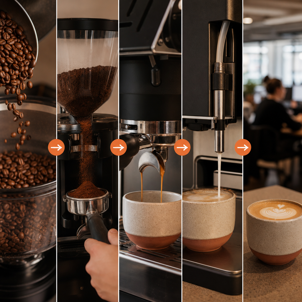 Bean-to-cup machine process from whole beans to finished coffee