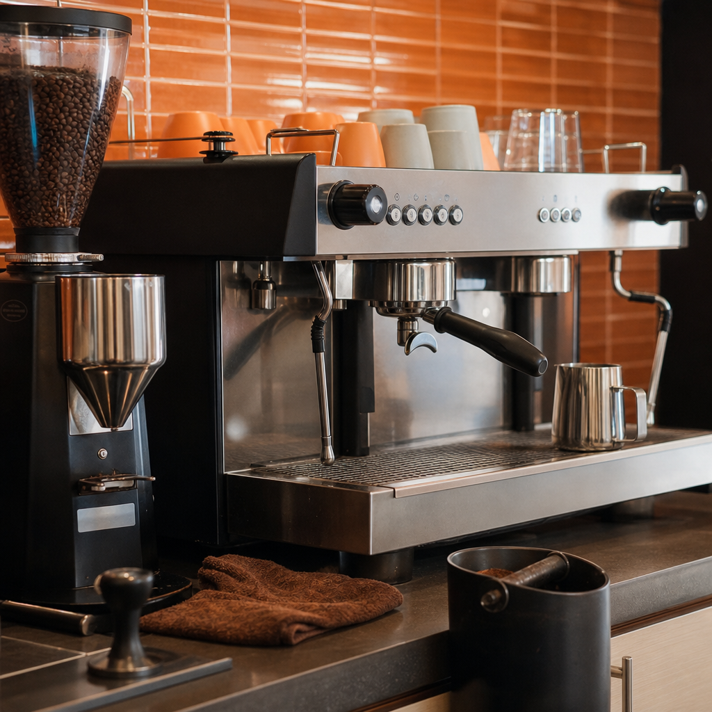 Traditional espresso workstation with grinder and milk equipment