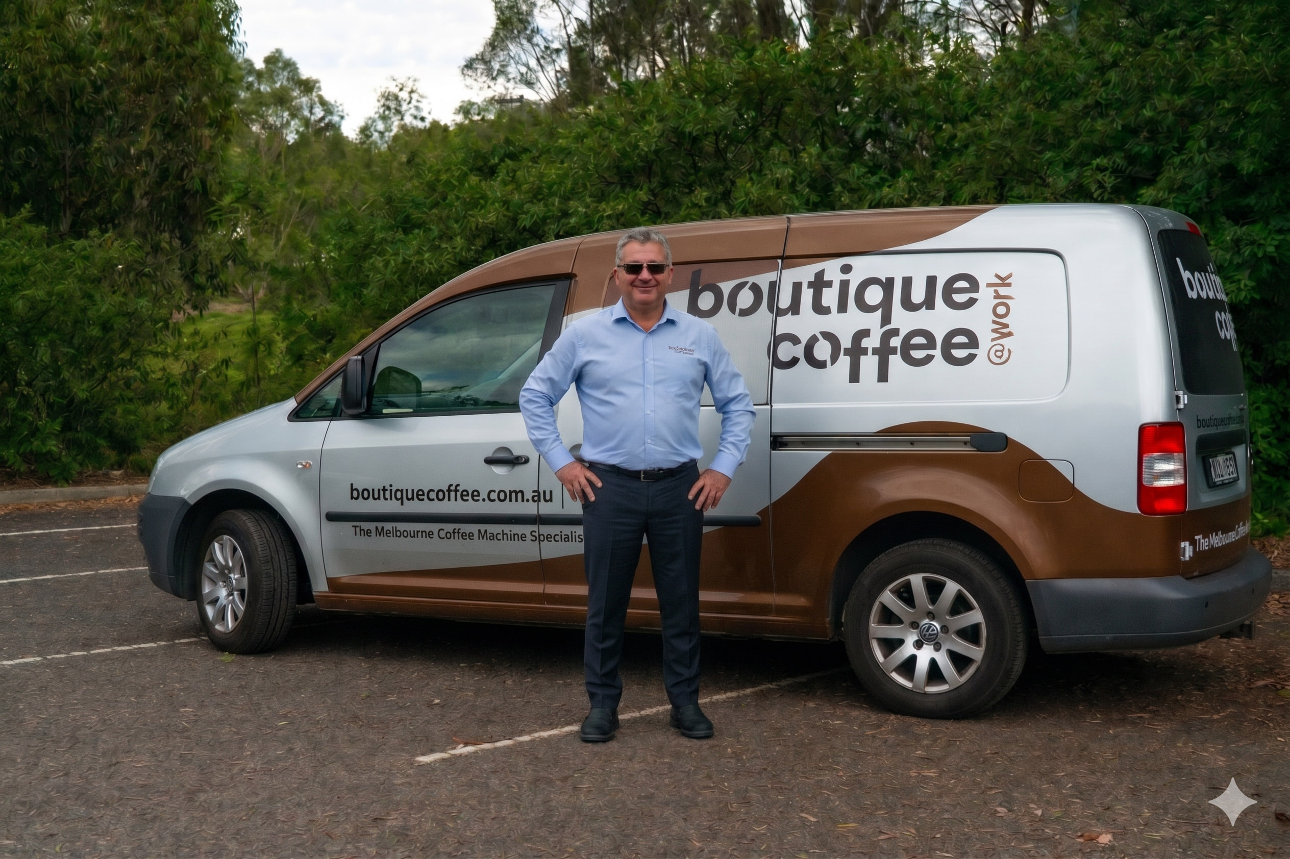 Chris Prokopiou in front of the Boutique Coffee at Work service van