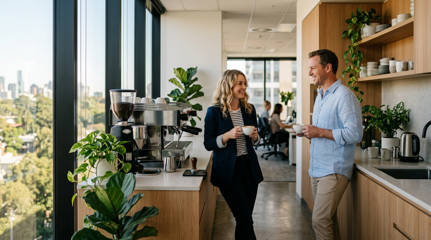 A modern Melbourne office kitchen with a commercial coffee machine and two colleagues chatting