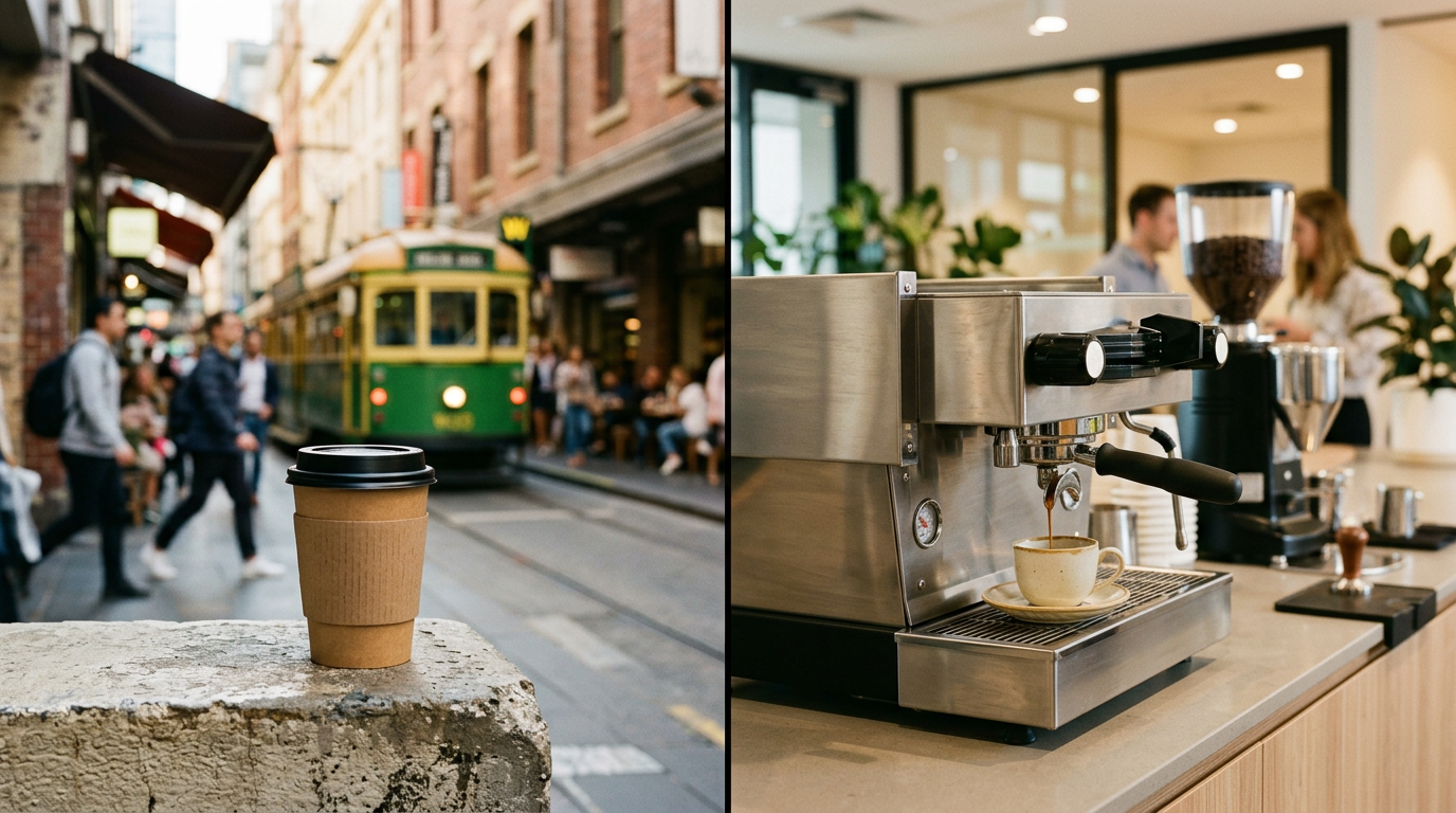 Split-screen comparison of a takeaway coffee cup on a Melbourne street and a commercial coffee machine in an office kitchen