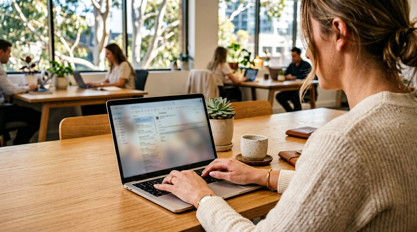 A team member typing an enquiry at a modern office desk