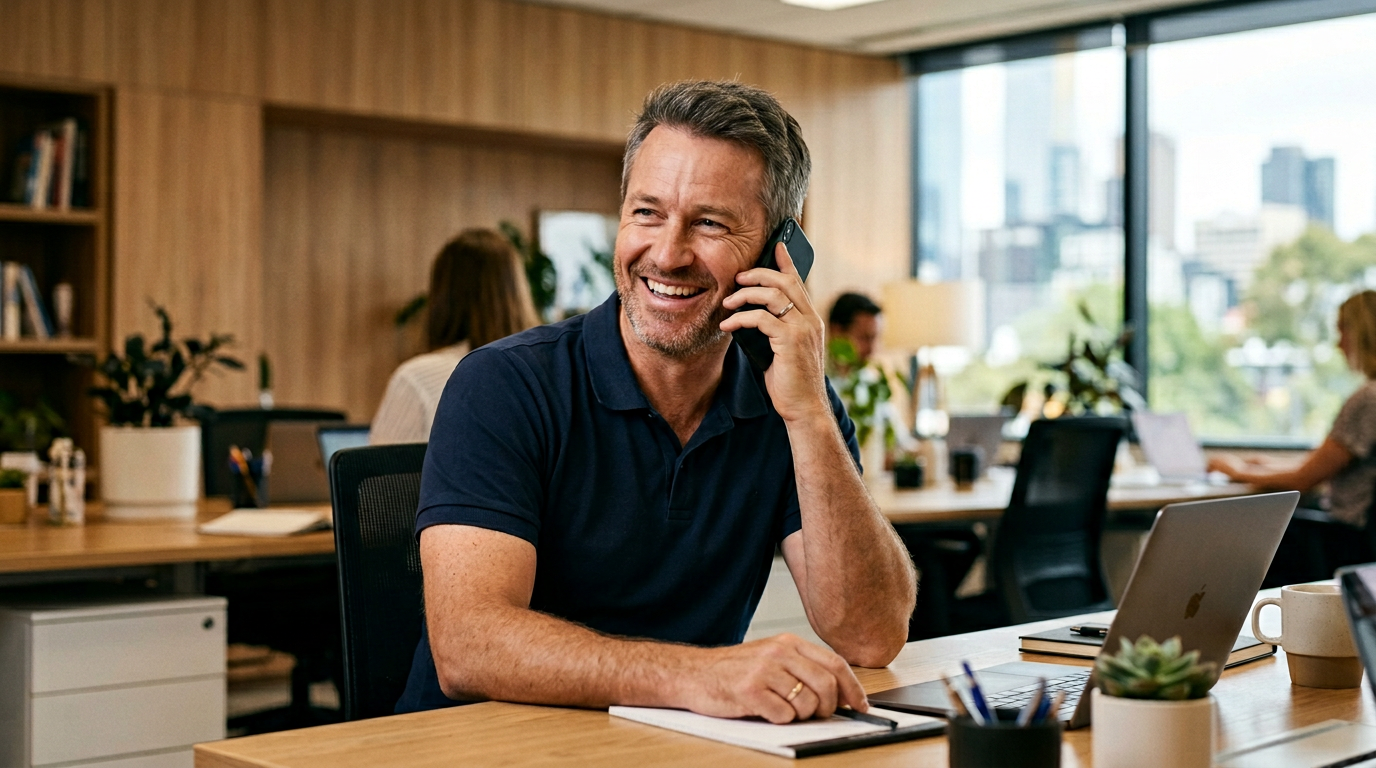 Chris on the phone at his desk walking a client through machine options