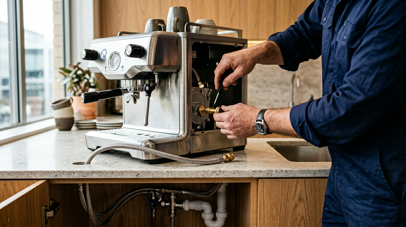 A technician installing a commercial espresso machine on an office kitchen bench