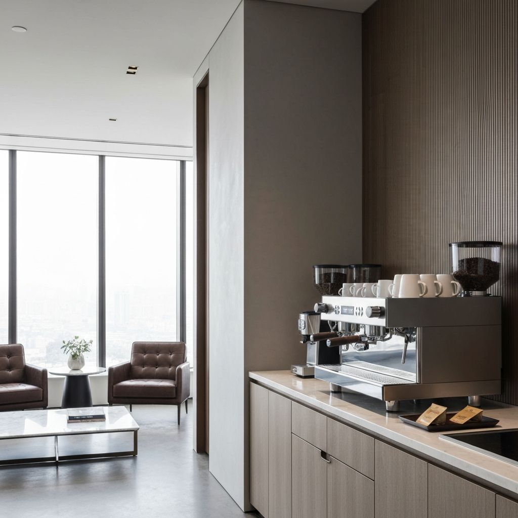 A commercial espresso setup installed in a large corporate office kitchen with city views